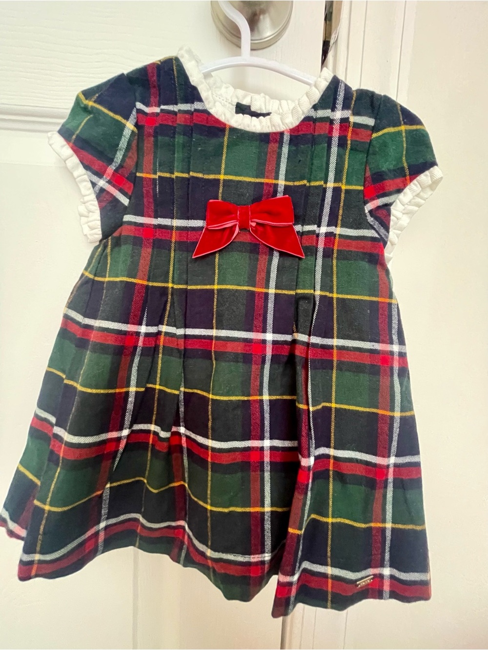 Children's Green Plaid Dress with Red Bow Accent